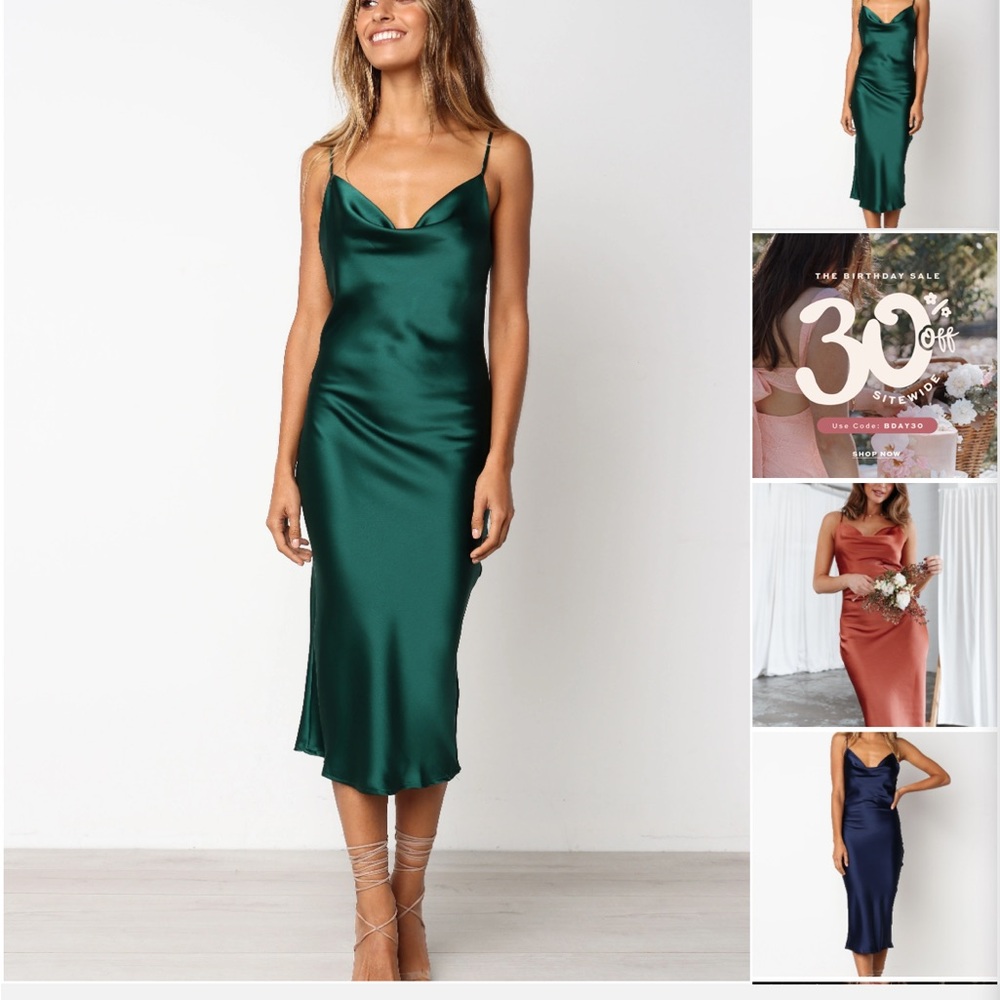 NWT Women's small emerald green Satin Dress Cocktail Cowl Neck Midi Dresses
